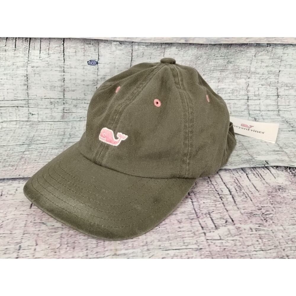 Vineyard Vines Women's Sage Olive Baseball Cap Hat with Pink Whale